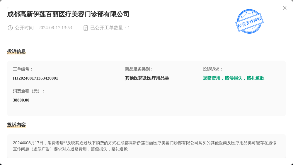 成都高新伊莲百丽医疗美容门诊部有限公司8月17日被投诉，涉及消费金额38800.00元