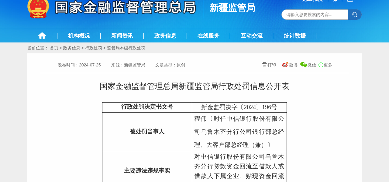 中信银行乌鲁木齐分行公司银行部总经理被警告并罚款7万元。