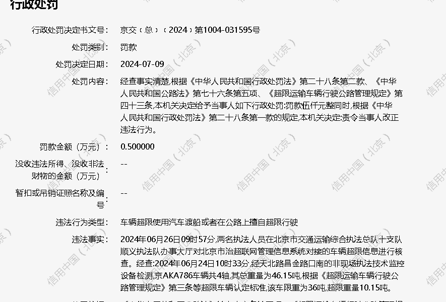 北京冀东兴物流有限公司昌平分公司被北京市交通委员会罚款 05 万元
