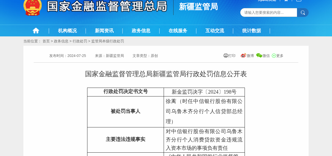 中信银行乌鲁木齐分行个人信贷部总经理被警告并罚款5万元。