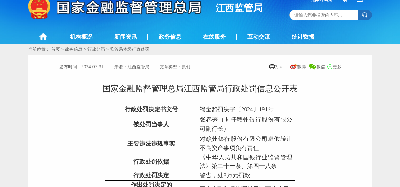 赣州银行副行长被警告，处8万元罚款
